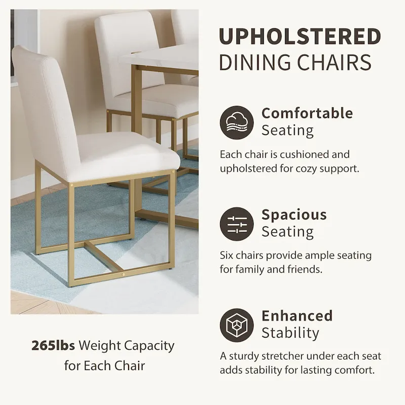 Modern Rectangular Dining Set - Faux Marble Table and 6 Upholstered Chairs