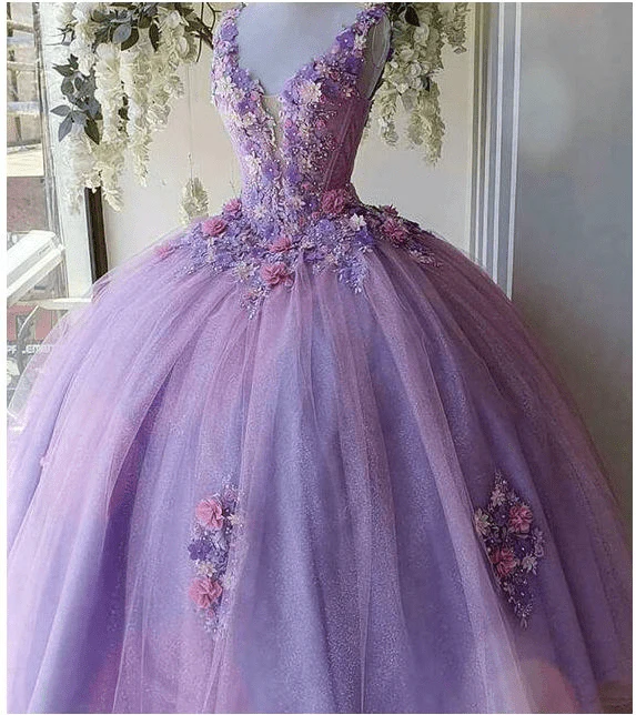 Princess Tulle Long Quinceanera Dresses with Flower