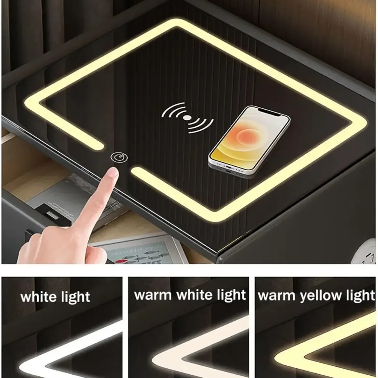 Narrow 3-Drawers Glass Top Wooden Nightstand with Light