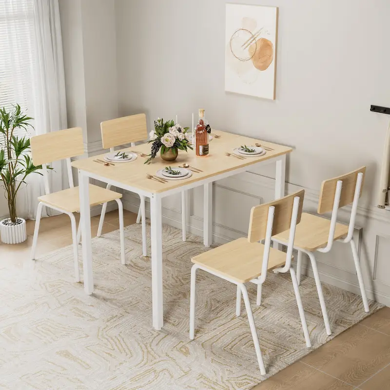 Kitchen Dining Table Set Metal Frame Breakfast Table with 4 Dining Chairs Modern Casual Dining Table Set 5-Piece Dining Set
