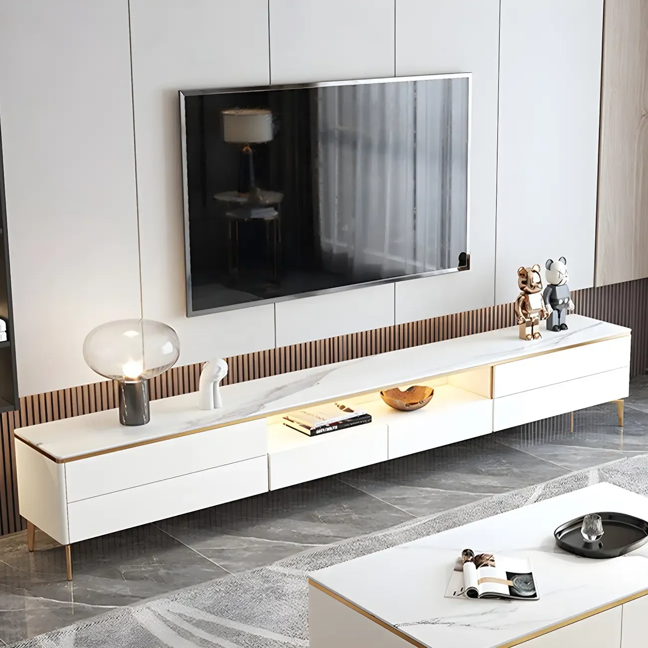 63 Elegant White Stone Top Storage TV Stand with LED Lights