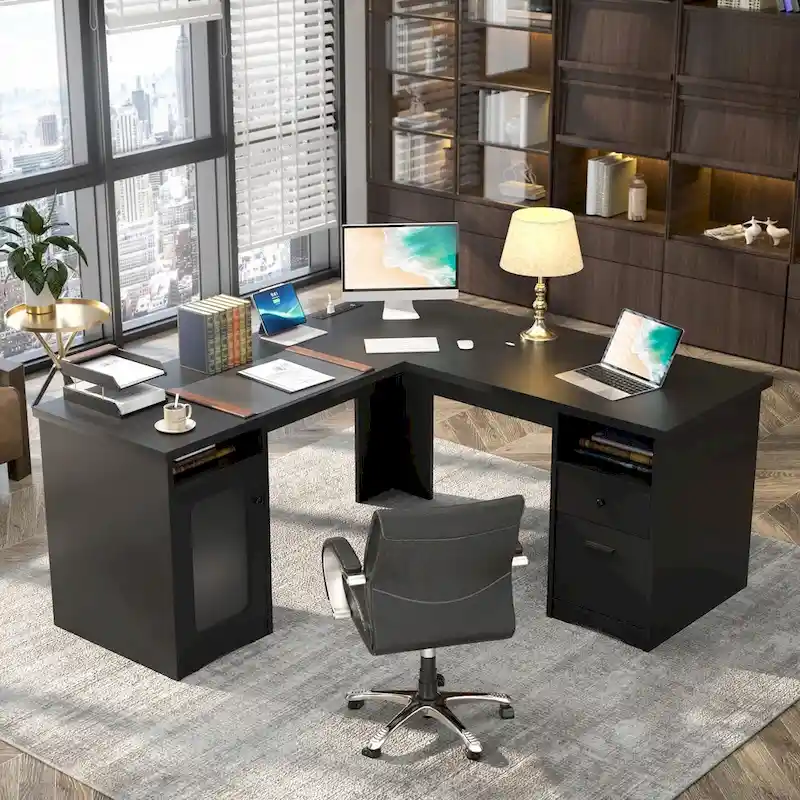 L-Shaped Desk with Storage & Charging – Grey Oak / Grey Walnut / Red Oak / Black / Rustic Brown / Enoch Walnut / White, Single-Person