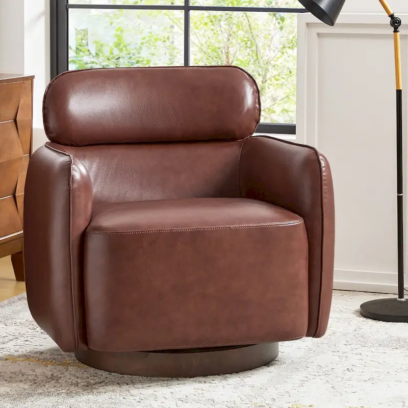 Raphael Modern Swivel Genuine Leather Barrel Chair