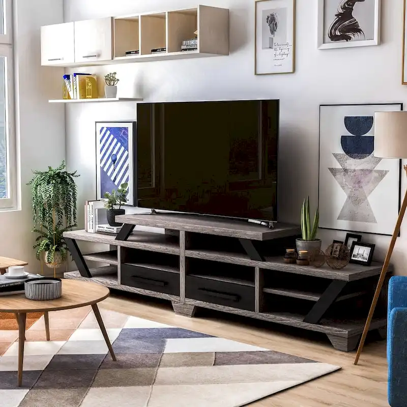 Contemporary Grey 80-Inch 8-Shelf TV Console