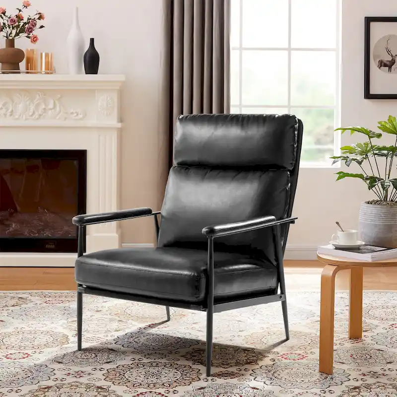 33.75W Mid-Century Modern Leatherette Armchair With High Back and Padded Arms - 33.75 W x 39.5 H x 28 D