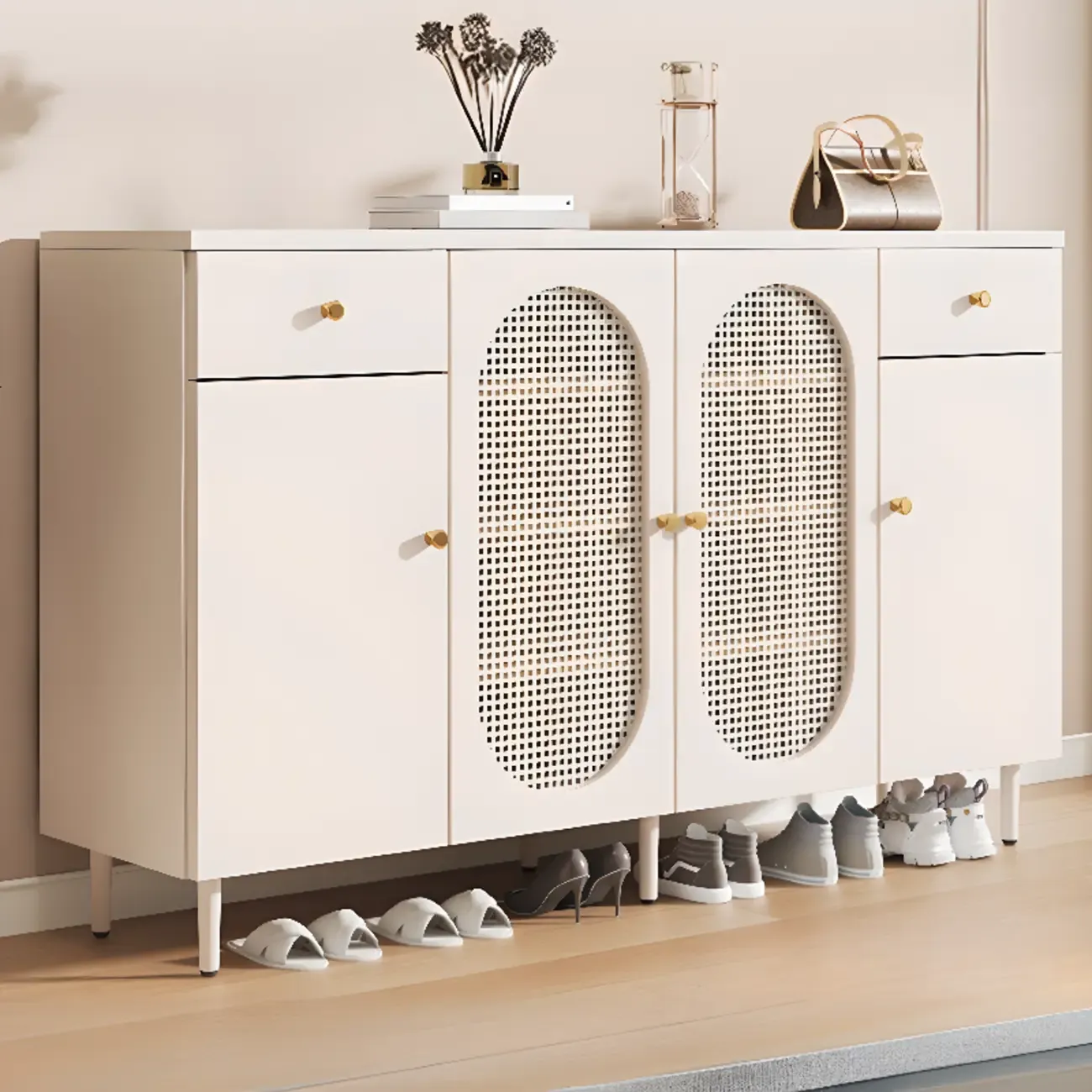 Modern White Wood Entryway Shoe Cabinet with Doors