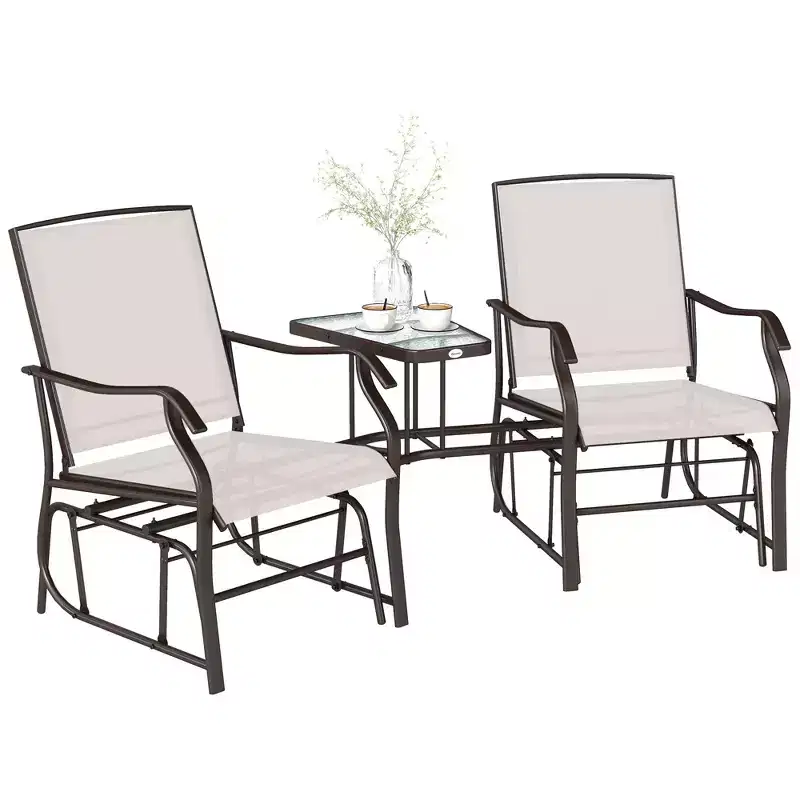 Outsunny Outdoor Glider Chairs with Coffee Table, Patio 2-Seat Rocking Chair Swing Loveseat with Breathable Sling for Backyard, Garden and Porch