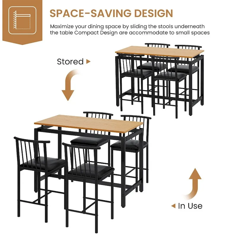 5 Pieces Dining Set, Pub Bar Table Set, PU Stools with Backrest