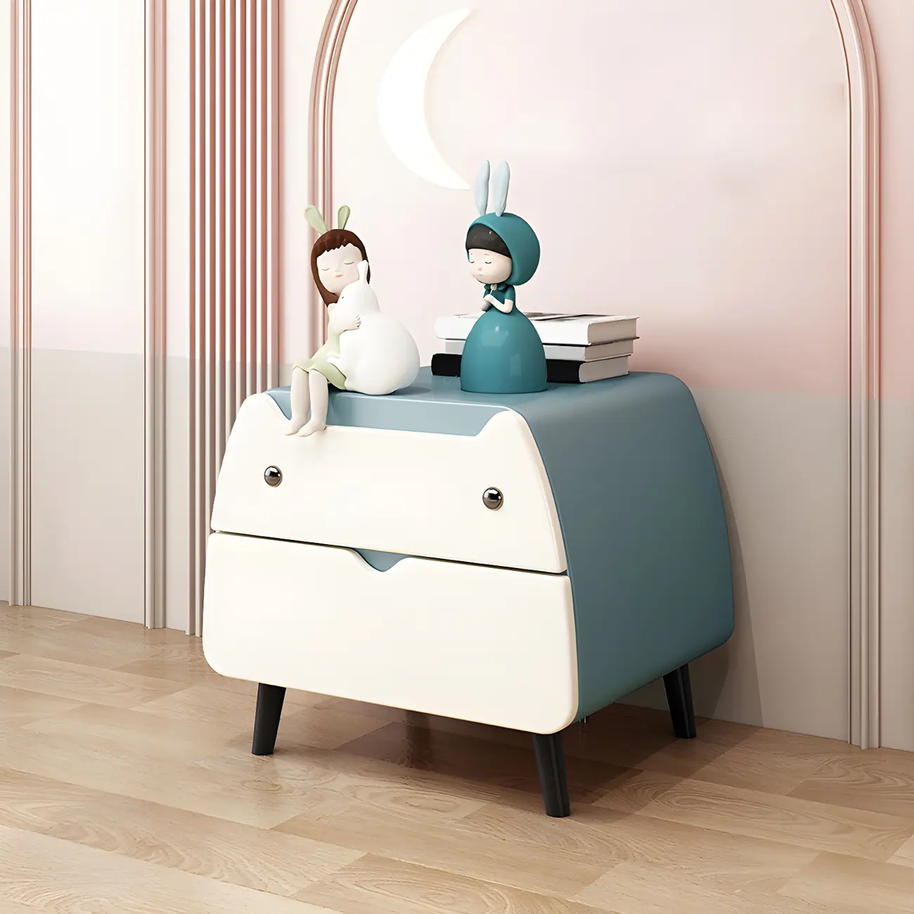 Pink Cute Cat Shape Scandinavian Nightstand with 2 Drawers