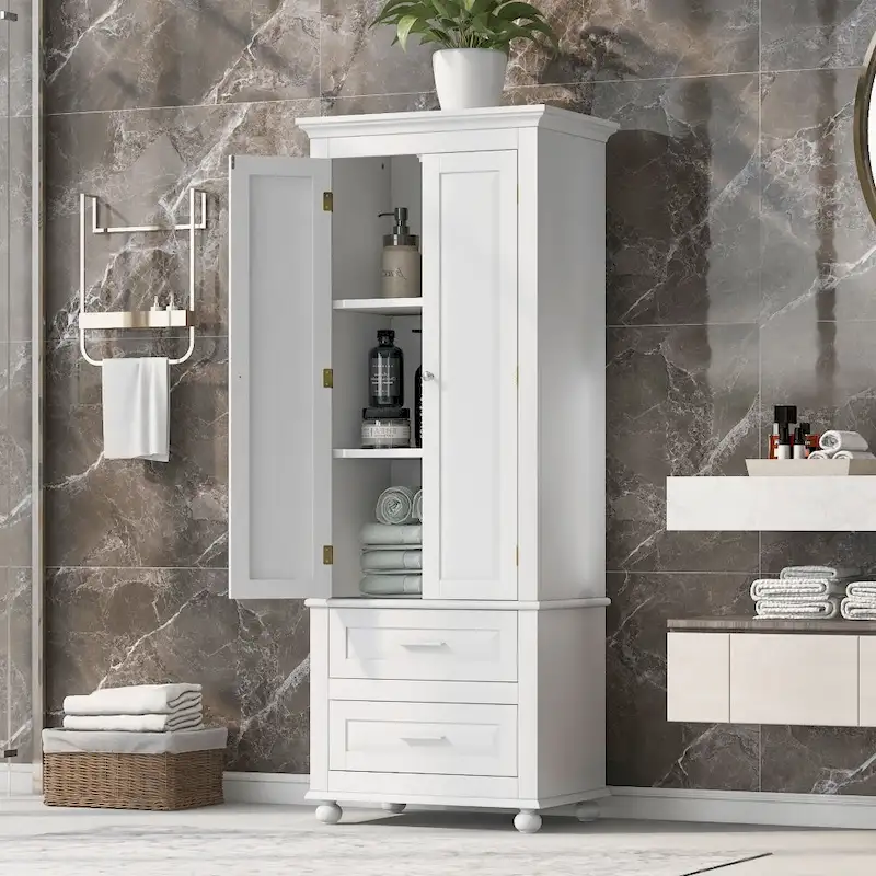 White Linen Cabinet with 3 Drawers and Adjustable Shelf