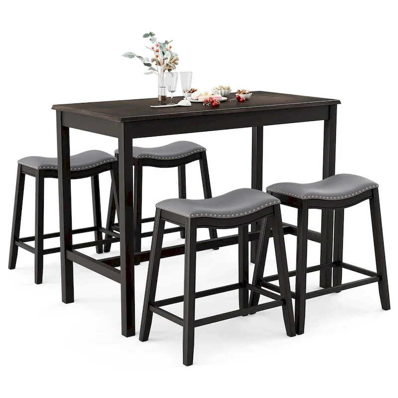 5PCS Bar Table Set Counter Height Table & Upholstered Saddle
