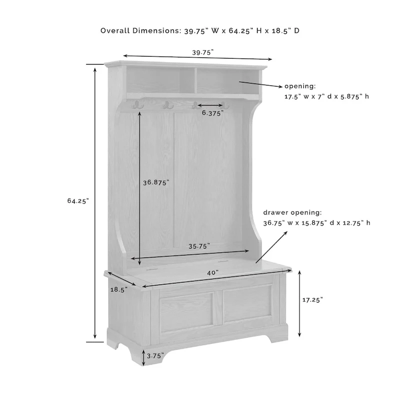 Hall Tree in Oak Finish - 40 W x 18.5 D x 64.25 H