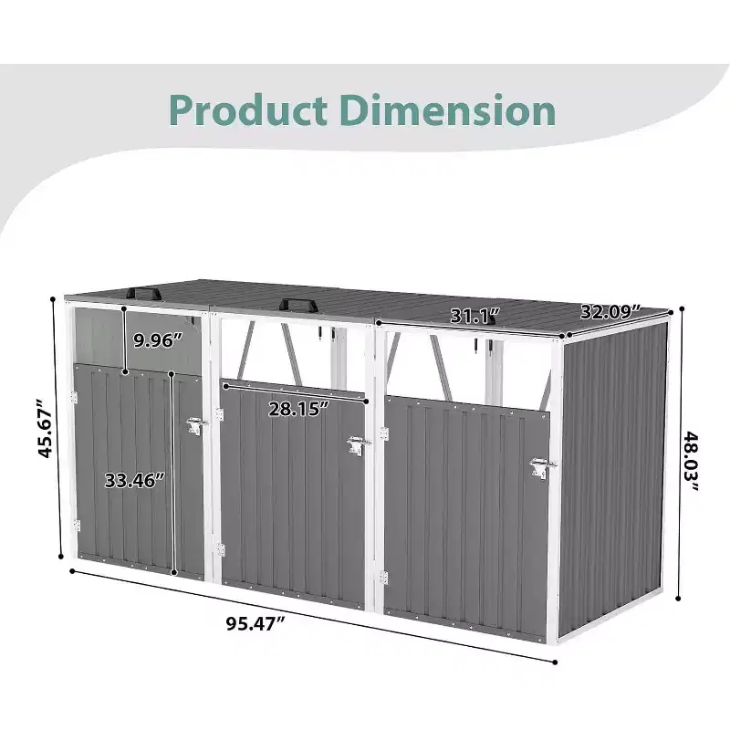 Zevemomo Outdoor Metal Light Gray Garbage Can Sheds for 3 Trash Bins Pneumatic Support Rod, Lockable Doors, Lid Chain for Patio, Garden, Backyard