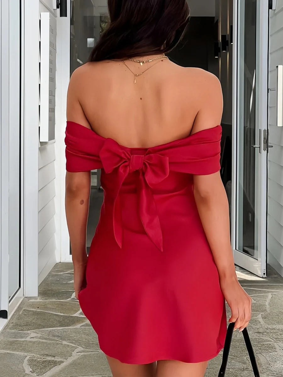 Red - Off The Shoulder Satin Sheath Homecoming Dress