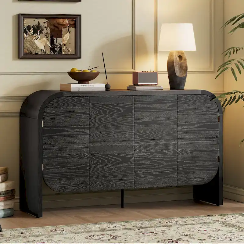 Wooden Sideboard Buffet Cabinet with Curvy Edge & Adjustable Shelves