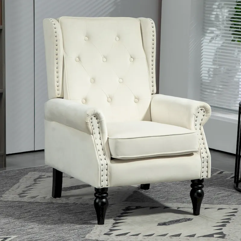 Mid-Century Velvet/Leather Upholstered Tufted Wood Frame Armchair