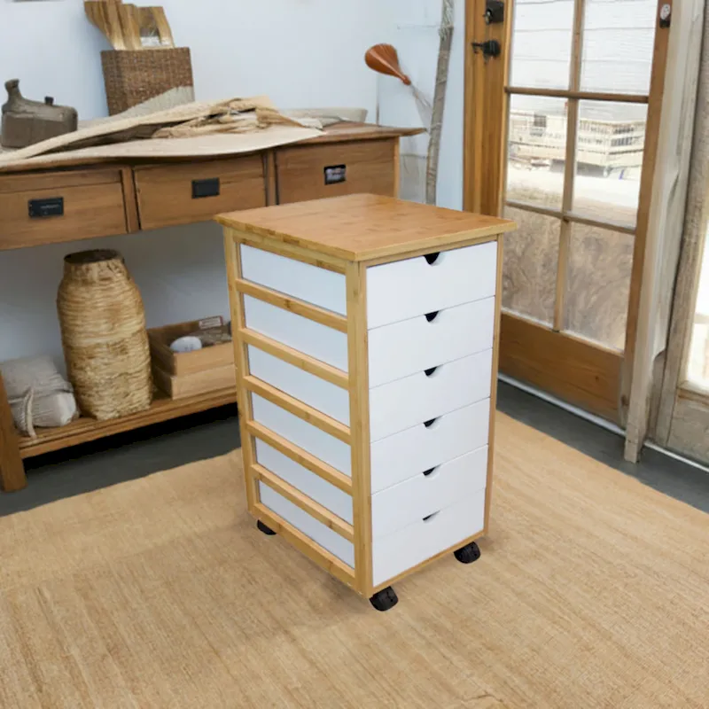 Espresso/Caramel/Natural/White 6-Drawer Rolling Bamboo Storage Cart – 1 User