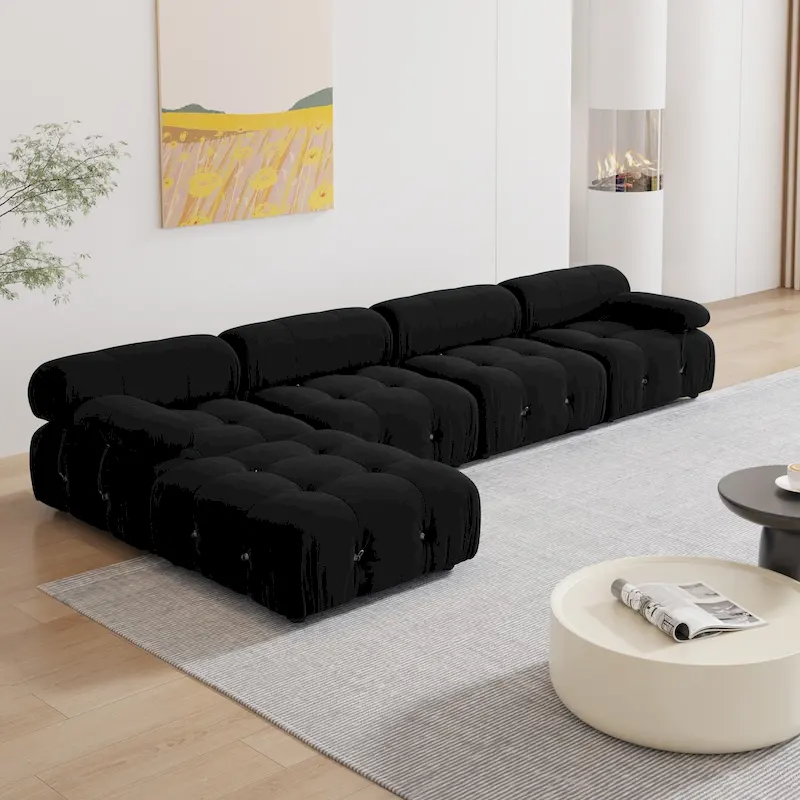 Black Velvet Upholstered Sectional Sofa
