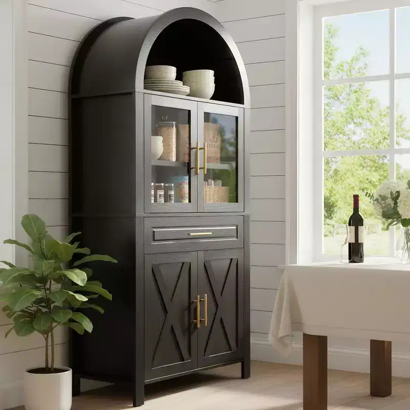 Okak Tall Arched Storage Pantry Cabinet with Glass Doors & Adjustable Shelves,Display Sideboard Accent Cabinet for Dining Room,Kitchen