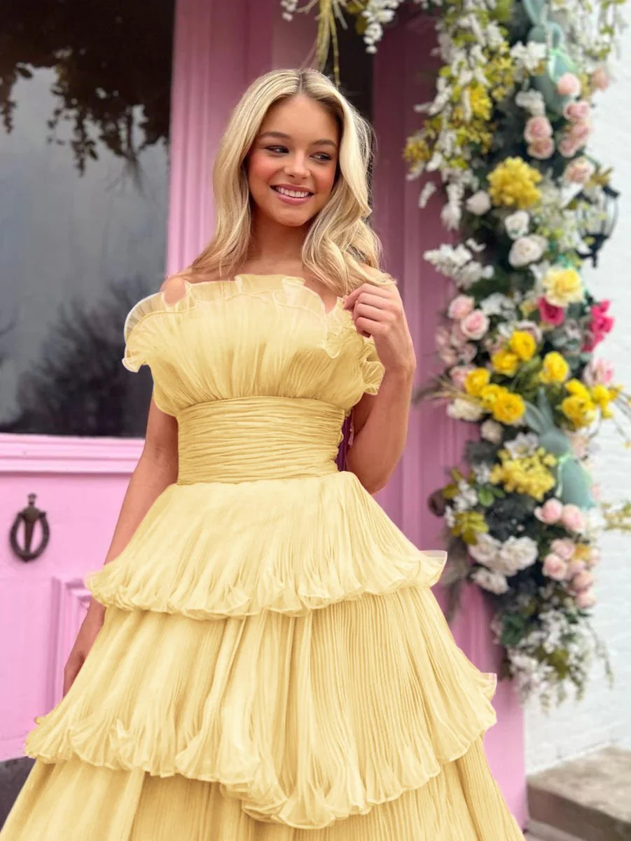 Strapless A-Line Tiered Crinkled Tulle Prom Dress