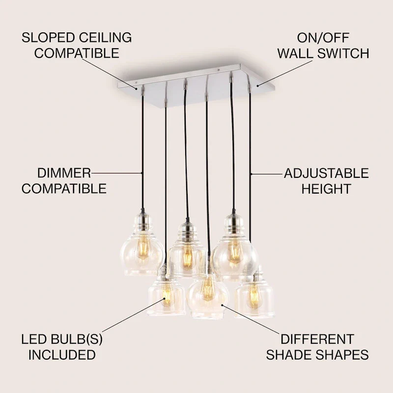 Cooper 18.88  6-Light Bohemian Farmhouse Iron/Glass Cluster LED Pendant, Nickel/Champagne by JONATHAN Y