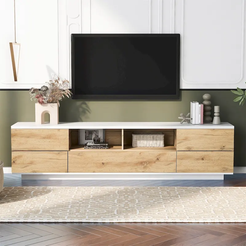 White / Natural Modern TV Stand with Push-Open Doors – Minimalist Style, Fits TVs up to 80