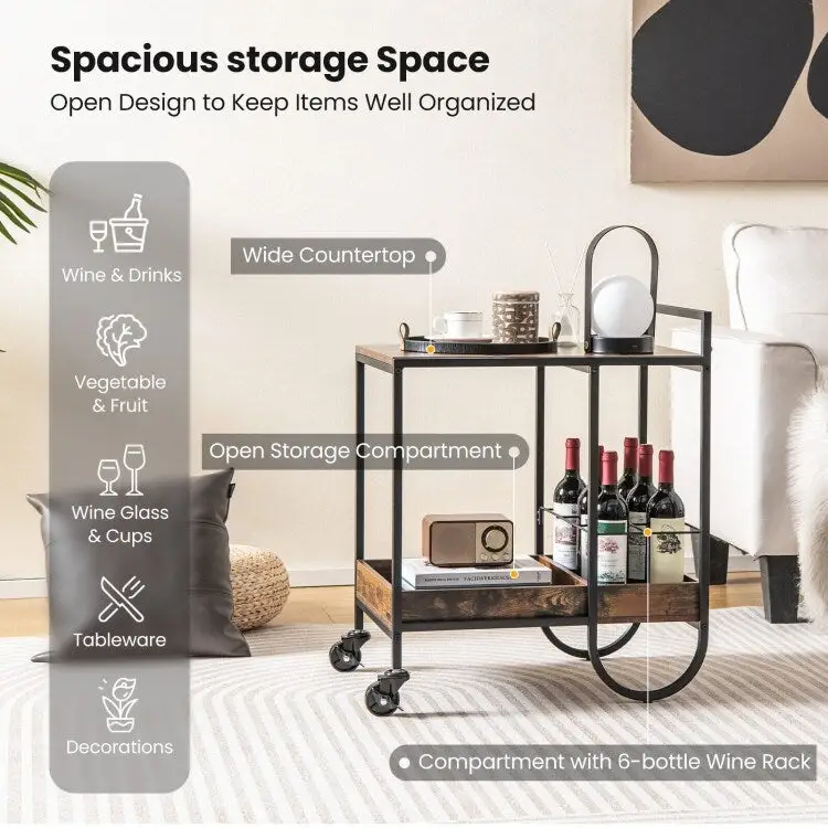 Rolling Buffet Serving Cart with Removable Metal Wire Wine Rack-Brown - 24 x 17 x 29 (L x W x H)