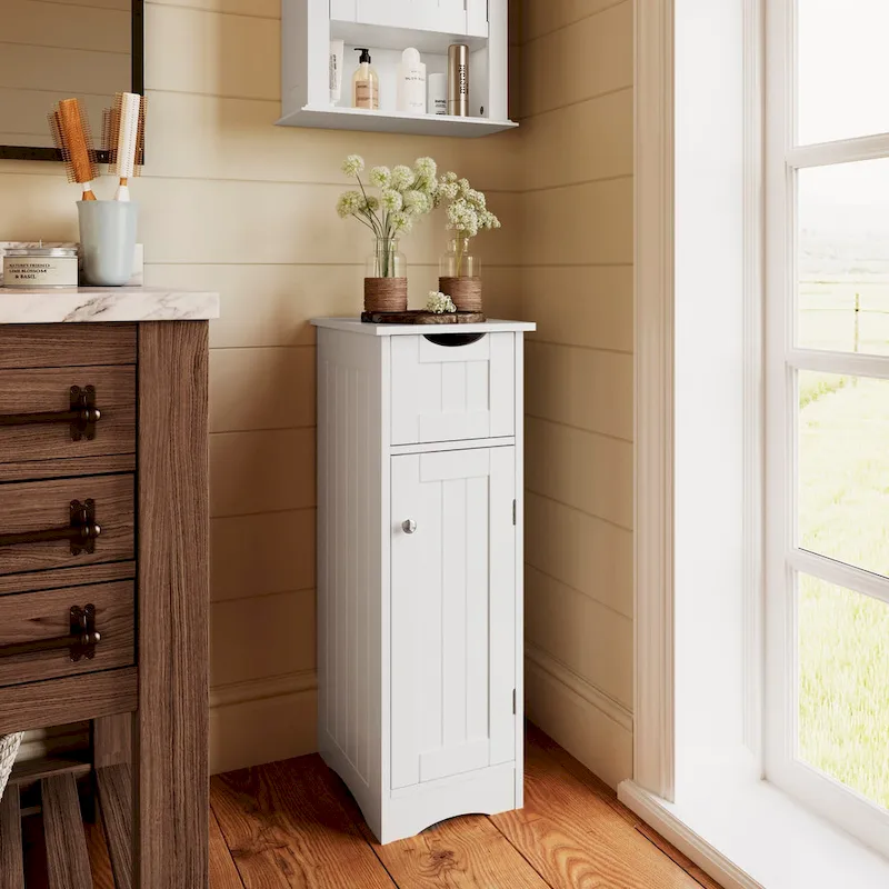 Ashland Single Door Narrow Bathroom and Laundry Storage Cabinet with Drawer and Adjustable Shelves - White