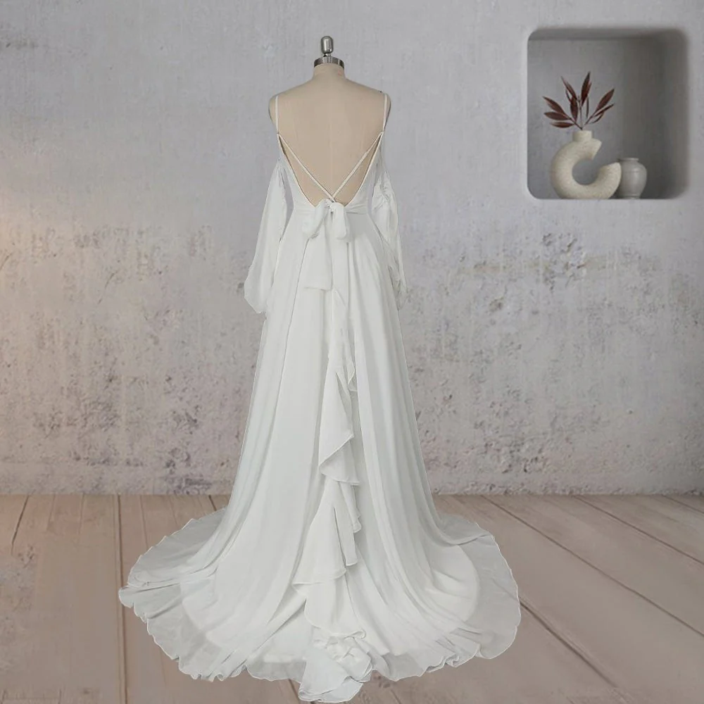 A-Line Chiffon Detachable Puffy Sleeves Wedding Dress