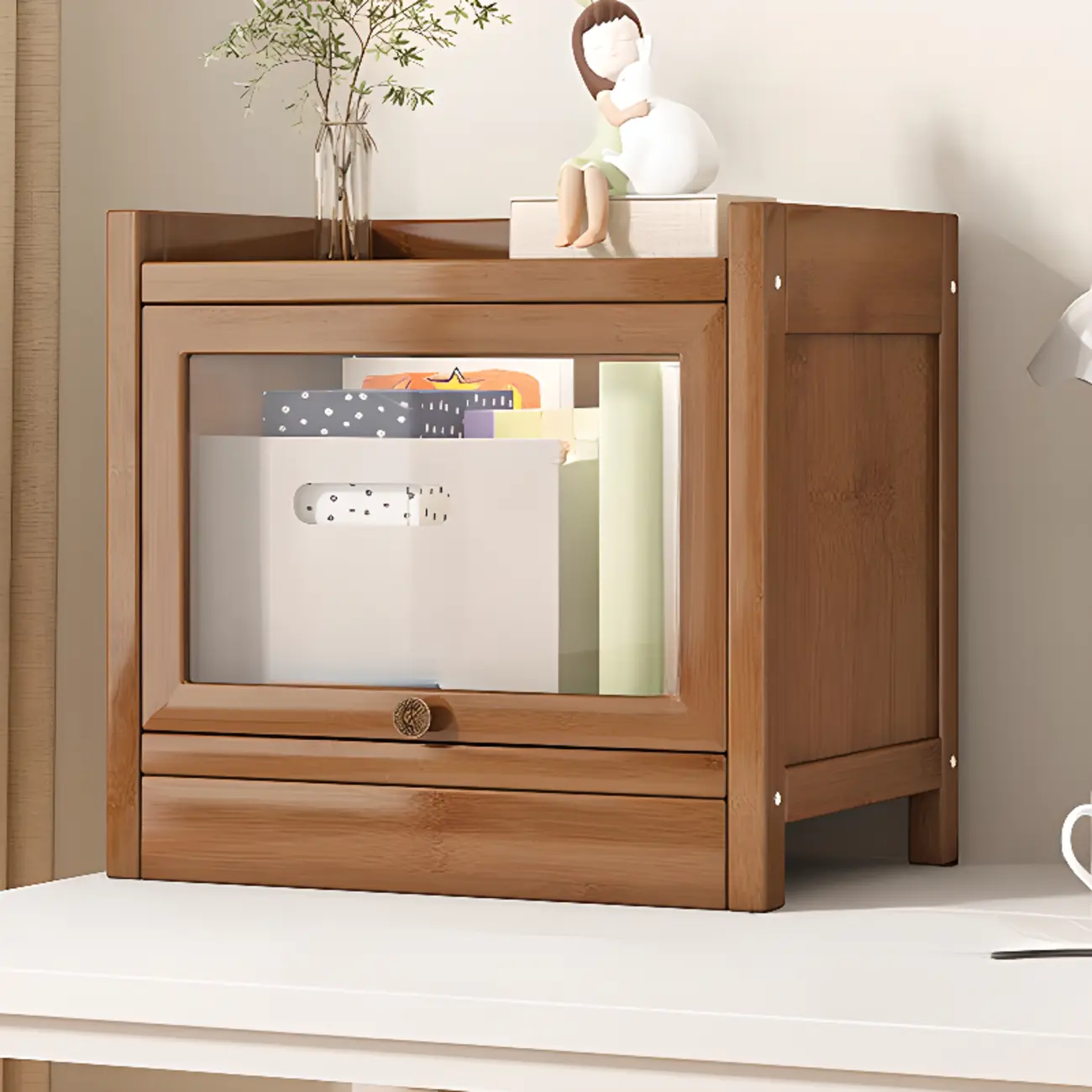 Modern Brown Wooden Clear Glass Front Display Storage Cabinet