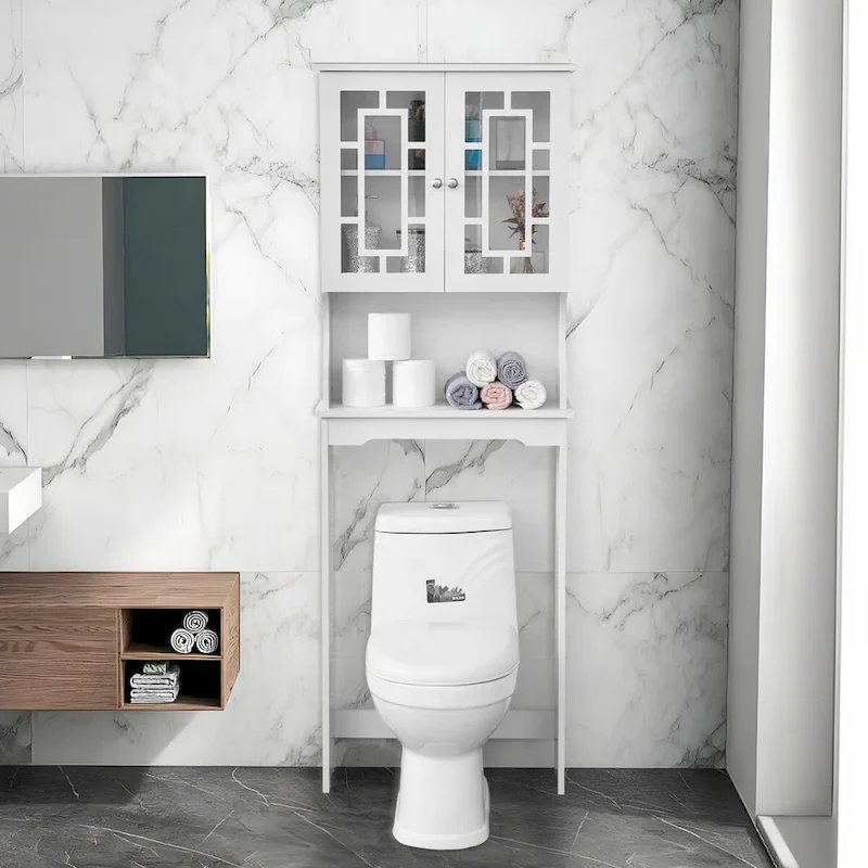Bathroom Organizer Over-The-Toilet Storage with 2 Glass Doors and Adjustable Shelf