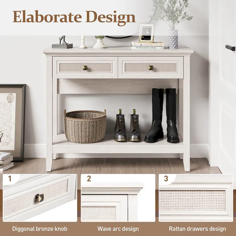 Boho Natural Rattan Console Table With Widened Tabletop & 2 Drawers