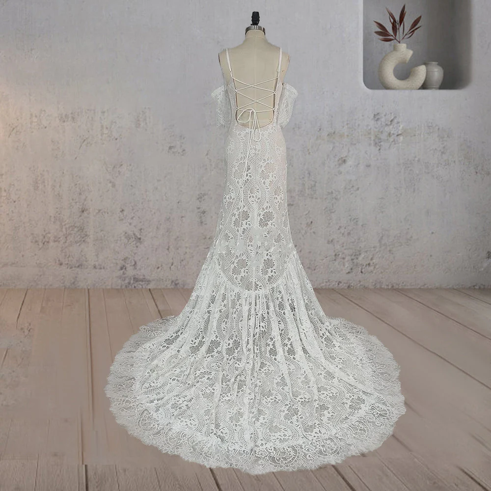 Mermaid White Halter Neck Lace Wedding Dress
