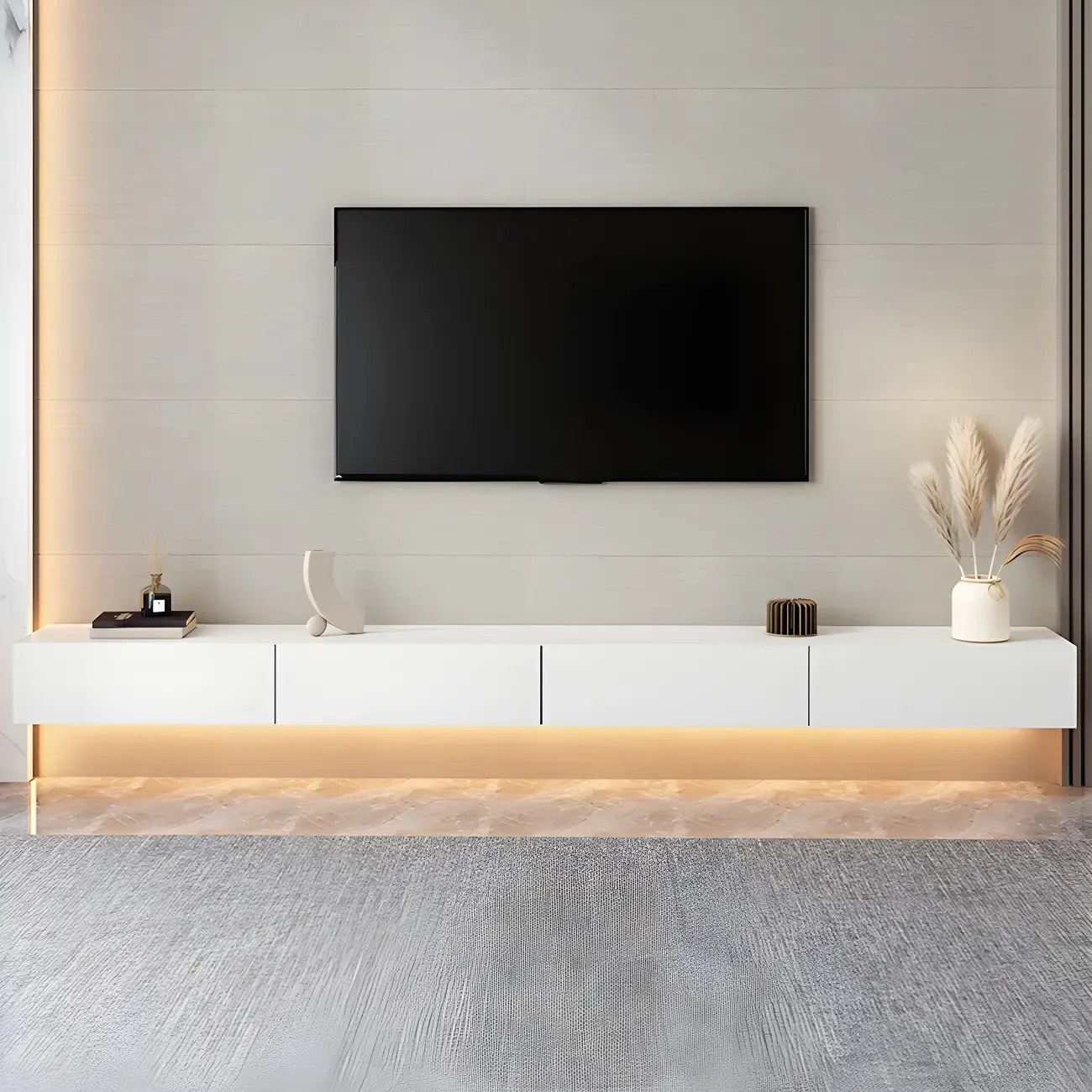 Contemporary Wooden Floating TV Stand in White with Lighting