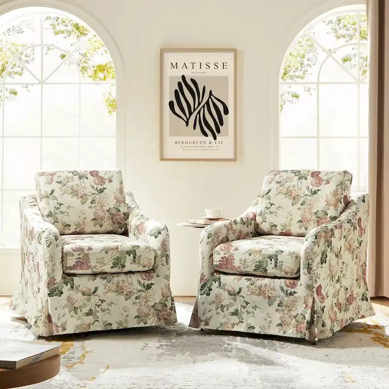 Floral Slipcover Swivel Accent Chair with Removable Cushion Set of 2
