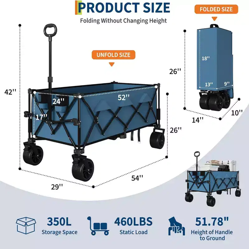 COZONY 52 Foldable Beach Wagon, 460 LBS Capacity, Terrain Collapsible Cart With Cup Holders
