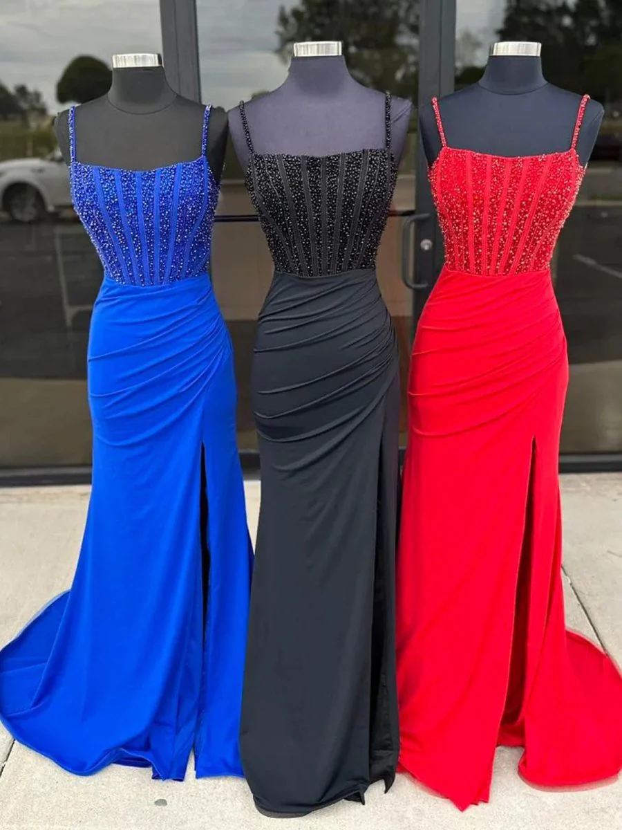 Mermaid Square Neck Red Beaded Long Prom Dress with Slit