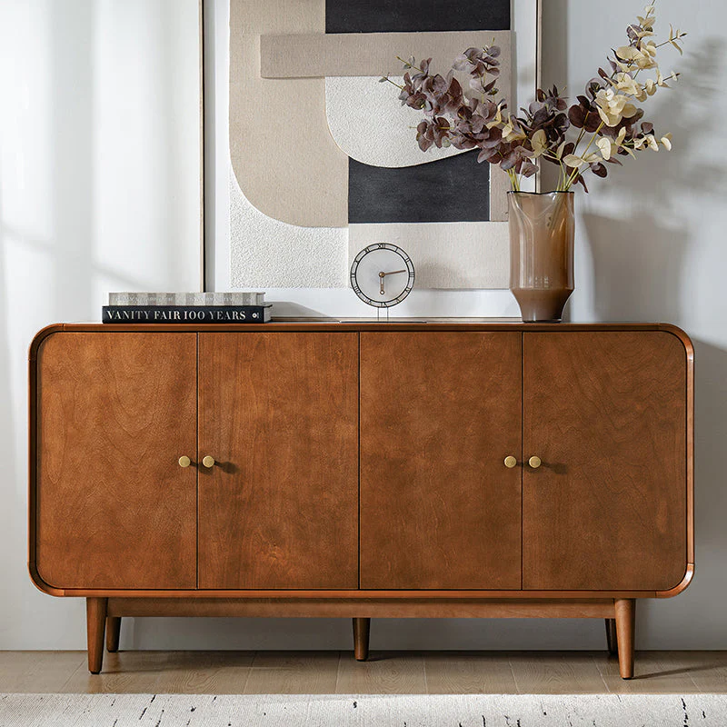 4-Door Sideboard with Curved Design, Round Metal Handles, Adjustable Shelves & Cable Management | Brown / Acorn | Single