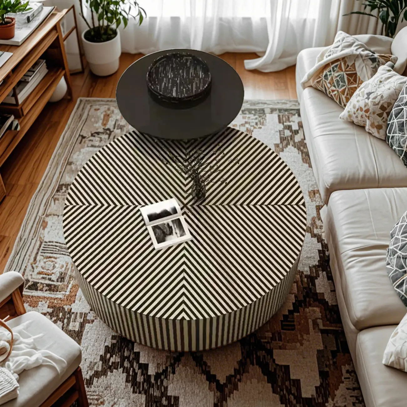 Black and White Stripe Wooden Round Coffee Drawer Table