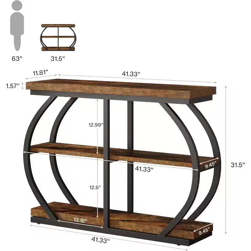 Lantine 41.3 Console Table, Industrial 3-Tier Entryway Table with Arched Metal Frame and Storage Shelves for Living Room, Hallway, Rustic Brown