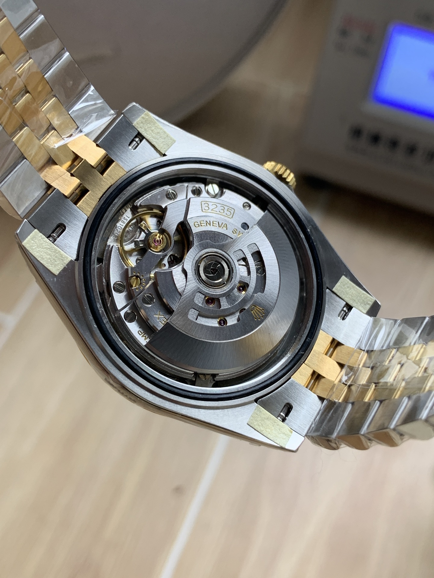 Transparent caseback revealing the authentic 3235 movement clone in a high-end Rolex replica watch