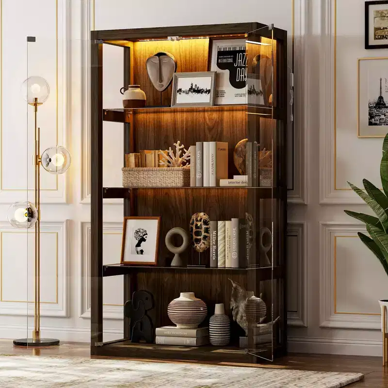 Famapy Brown Glass Cabinet Display Cabinet with LED Lights and Press-to-open Doors