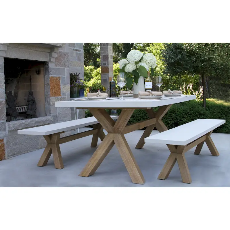 Cordelia 3-Piece Ivory Composite and Eucalyptus Wash Rectangle Dining Set With Benches