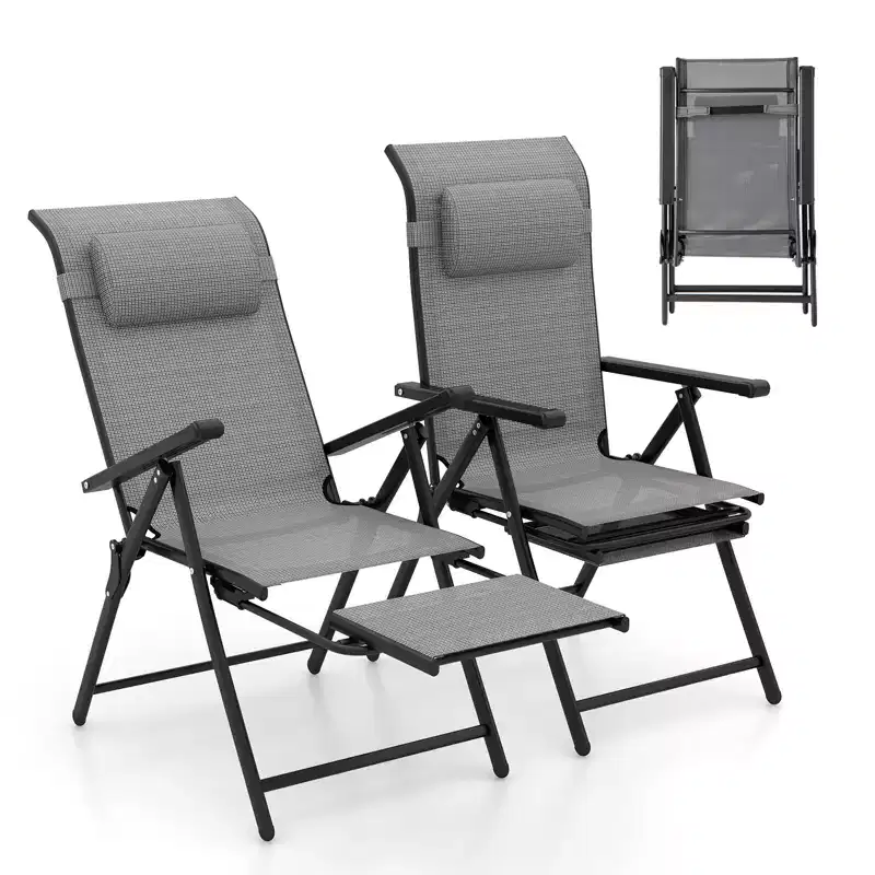 Costway Folding Patio Chairs Set of 2 Lounge Chairs w/ 10-Level Adjustable Backrests
