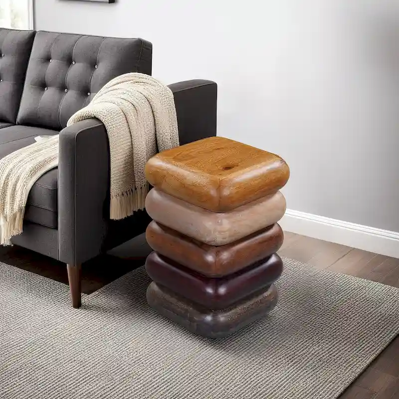 Zyra 12 Inch Side End Table, Sculptural Stacked Design, Mango and Acacia Wood Artisanship, Brown