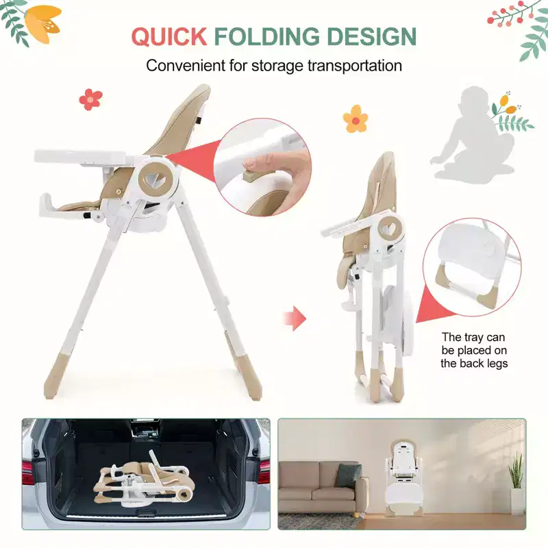 Collapsible Baby High Chair with 7-Height/5-Recline, Double Tray, 5-Pt Harness, 1-Hand Fold, Easy-Clean, Portable, Grey/Champagne