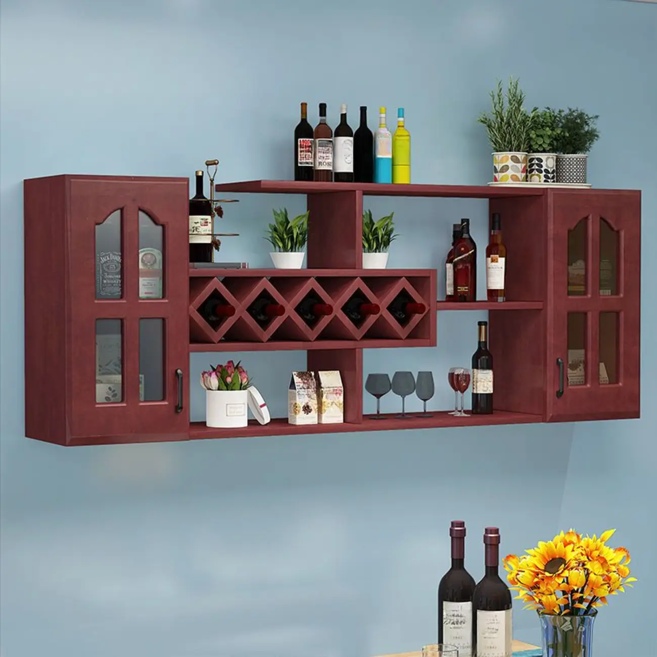 Wooden Wall-Fixed Bottle Holder Rack with Glass Holder Shelf