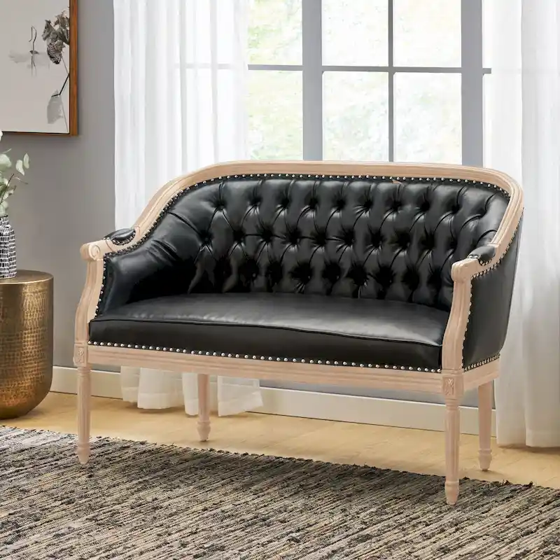 Button-Tufted Upholstered Loveseat with Scrolled Arms and Nailhead Trim