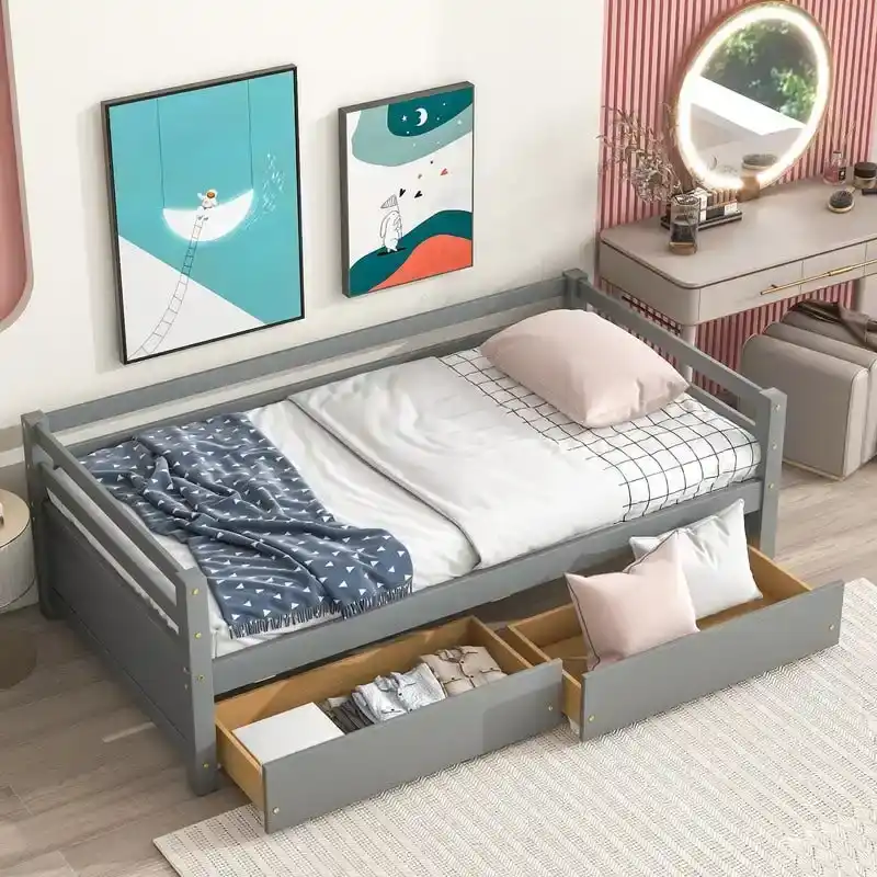 Gray / White, Daybed Style, Twin Size Solid Wood Bed with 2 Storage Drawers, 1-Person