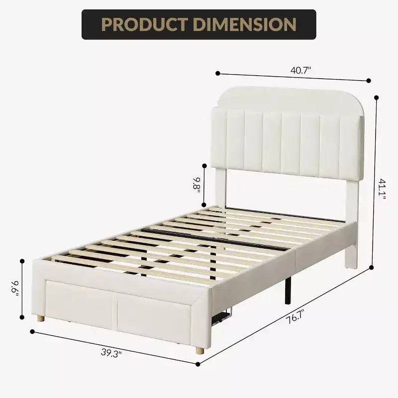 Twin Bed Frame for Kids, Upholstered Platform Bed with Large Storage Drawer and Bookcase Headboard, Noise-Free Easy Assembly Girls Boys Bed, Beige